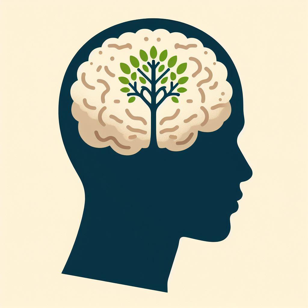 The Code Grower logo. The image depicts a stylized illustration of a human head in profile. The brain is visible within the head, and intriguingly, a green tree is growing from the center of the brain. The tree symbolizes growth, learning, or perhaps mental health. The overall design is simple and clean, with a light beige background and a dark blue silhouette of the head. The tree stands out prominently against the brain, emphasizing its significance.