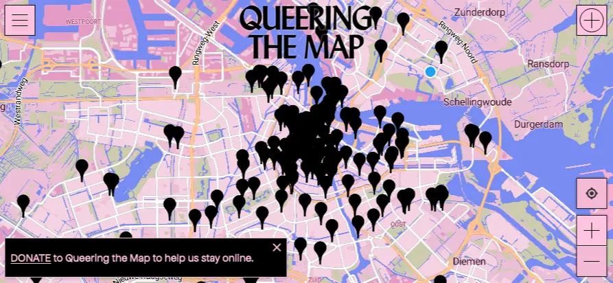 A
screenshot of the Queering the Map website, mobile version, horizontal